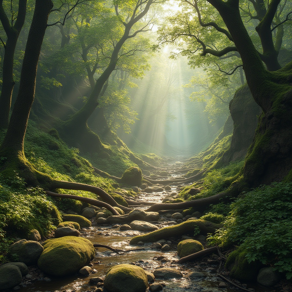 Prompt: Earthly tones, forest floor, mossy greens, weathered wood, natural stone, serene water features, misty atmosphere, warm sunlight, soft shadows, 3/4 composition, panoramic view, realistic textures, ambient occlusion.