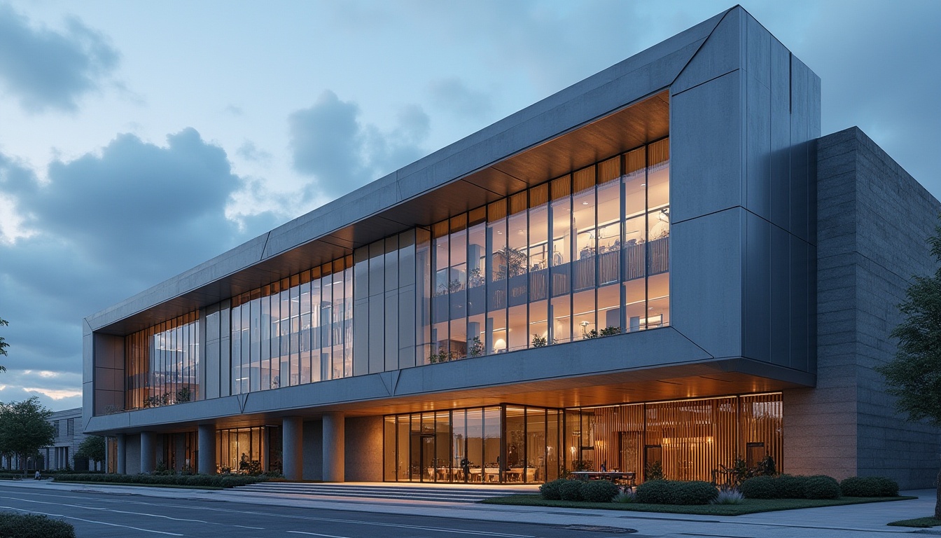 Prompt: Modern building facade, sleek glass surfaces, metallic accents, minimalist design, urban cityscape, cloudy blue sky, natural stone walls, industrial chic aesthetic, exposed concrete columns, polished steel beams, monochromatic color scheme, neutral tones, creamy whites, dark grays, bold accent colors, LED lighting, evening ambiance, shallow depth of field, 2/3 composition, realistic textures, ambient occlusion.