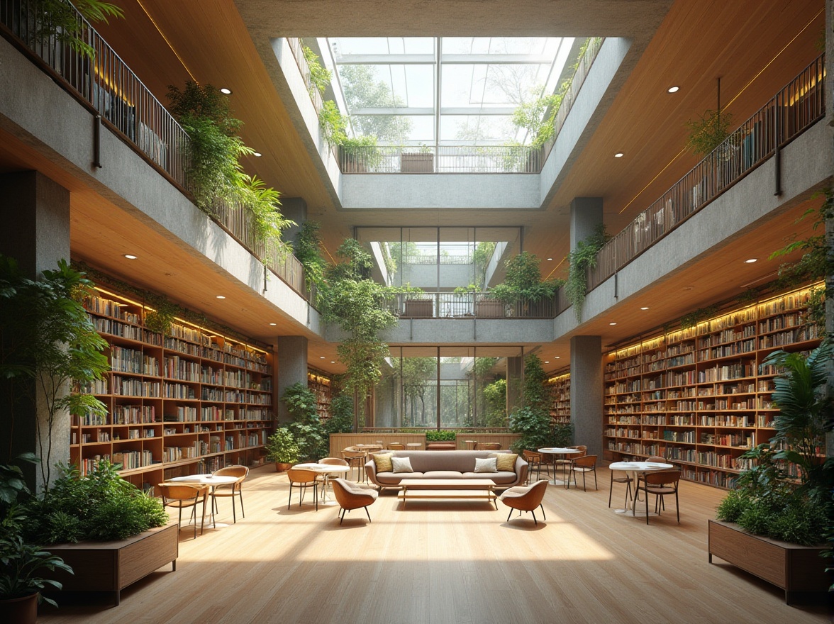 Prompt: Serene reading spaces, abundant natural light, open atriums, clerestory windows, high ceilings, wooden flooring, minimalist decor, green walls, living roofs, sustainable materials, cross ventilation, stack effect, wind catchers, solar chimneys, automated shading systems, reflective roofing, thermal mass, radiant cooling, comfortable indoor climate, soft diffused lighting, shallow depth of field, 1/1 composition, realistic textures, ambient occlusion.