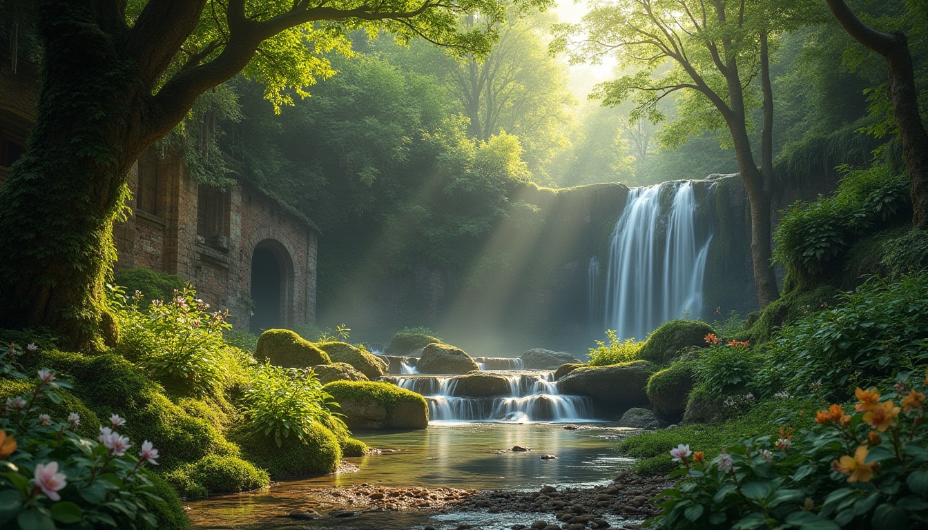 Prompt: Earthy forest, lush green foliage, mossy stones, serene waterfalls, misty atmosphere, warm sunlight, rustic wooden textures, natural stone walls, vines and creepers, blooming wildflowers, soft gentle lighting, shallow depth of field, 3/4 composition, realistic renderings, ambient occlusion.