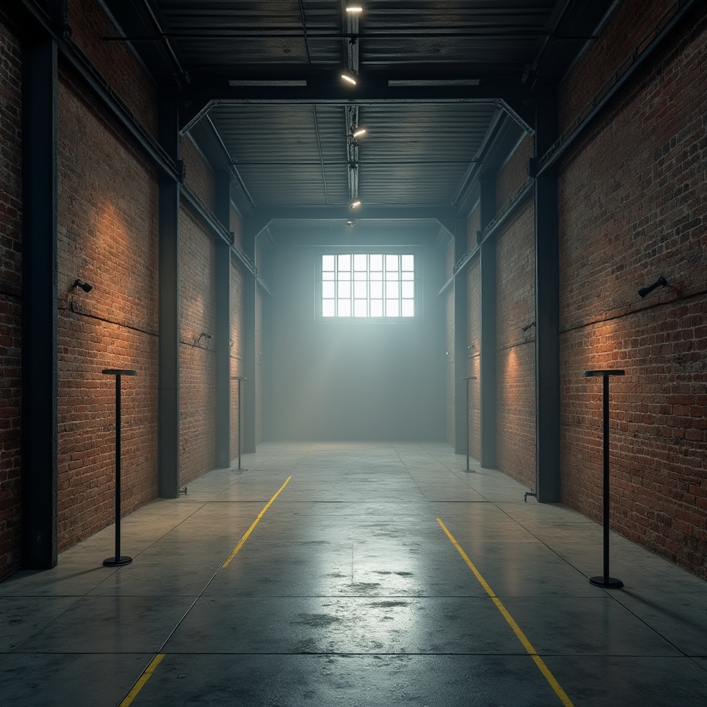 Prompt: Industrial-style warehouse, exposed brick walls, metallic beams, polished concrete floors, reclaimed wood accents, minimalist decor, neutral color palette, dramatic lighting effects, atmospheric fog, high ceilings, open spaces, brutalist architecture, raw textures, tactile materials, industrial chic aesthetic, urban landscape, abandoned factory setting, cinematic mood, low-key lighting, shallow depth of field, 2/3 composition, symmetrical framing.