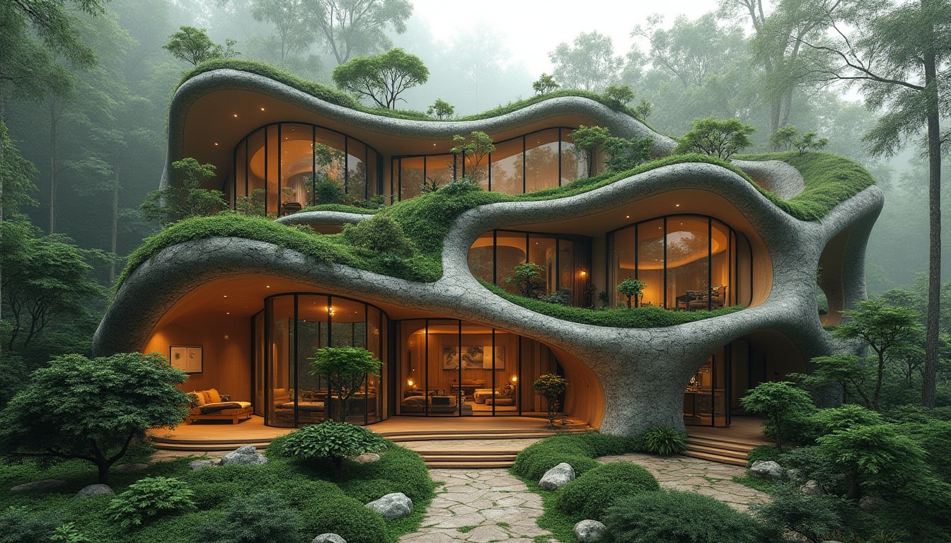 Prompt: Undulating organic facade, sinuous curves, natural stone materials, verdant green walls, living walls, bio-inspired patterns, intricate wooden structures, cantilevered roofs, transparent glass surfaces, minimal metal frames, earthy color palette, warm ambient lighting, soft misting effects, 1/1 composition, shallow depth of field, realistic textures, ambient occlusion, natural surroundings, lush forest, dense foliage, misty atmosphere.