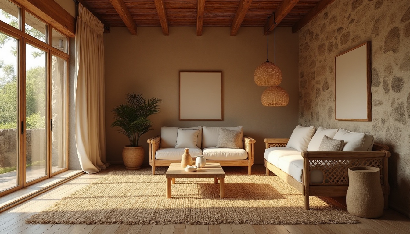 Prompt: Earthy tone, reclaimed wood, natural stone walls, bamboo flooring, woven wicker furniture, jute rugs, linen upholstery, organic shapes, handcrafted details, warm ambient lighting, soft shadows, shallow depth of field, 1/1 composition, rustic charm, cozy atmosphere, nature-inspired color palette, earthy scent, subtle textures, minimalist decor.