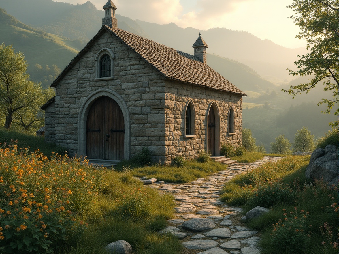 Prompt: Rustic stone church, weathered wooden doors, stained glass windows, lush greenery surroundings, rolling hills, serene countryside landscape, misty morning atmosphere, soft warm lighting, subtle fog effect, 3/4 composition, intimate close-up shots, realistic textures, ambient occlusion, harmonious blending with nature, organic architecture, earthy color palette, natural stone pathways, meandering streams, vibrant wildflowers.