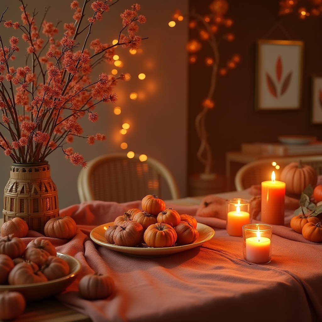 Prompt: Warm persimmon hues, rich orange tones, vibrant coral shades, soft peach undertones, natural earthy textures, rustic wooden accents, woven basket patterns, cozy candlelit ambiance, intimate gathering spaces, plush velvet fabrics, ornate metal details, luxurious golden frames, soft warm lighting, shallow depth of field, 1/1 composition, realistic renderings.