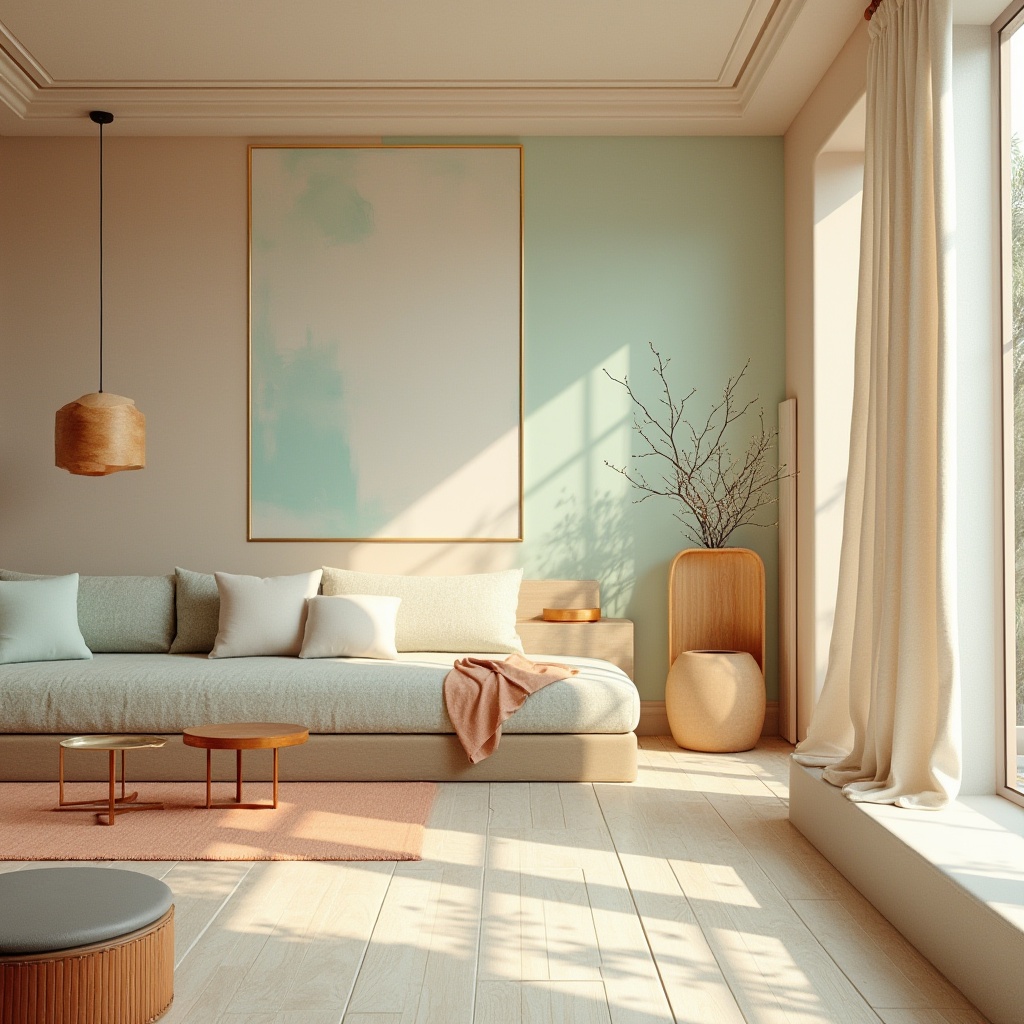 Prompt: Harmonious color scheme, pastel hues, soft peach tones, calming mint greens, creamy whites, warm beige accents, rich turquoise blues, deep charcoal grays, metallic copper details, natural wood textures, earthy terracotta elements, subtle gradient transitions, realistic material reflections, ambient occlusion, 1/1 composition, shallow depth of field, warm golden lighting.