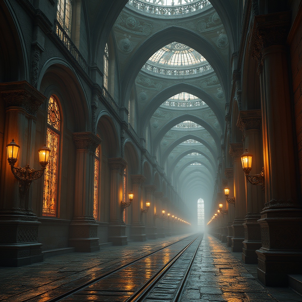 Prompt: Intricate stone carvings, pointed arches, ribbed vaults, stunning stained glass windows, grandiose entrance halls, ornate metalwork, vintage tram tracks, nostalgic lanterns, dramatic lighting, misty atmosphere, 1/1 composition, symmetrical framing, high contrast, warm color tones, rich textures, ambient occlusion.