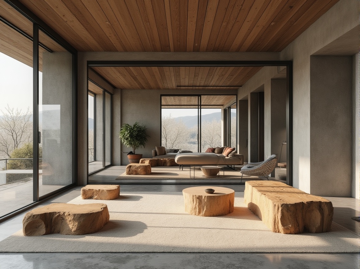 Prompt: Minimalist interior, natural materials, rough-hewn wood accents, smooth concrete surfaces, industrial metal frames, sleek glass partitions, monochromatic color scheme, subtle texture variations, organic forms, Scandinavian-inspired furniture, soft warm lighting, shallow depth of field, 1/1 composition, realistic renderings, ambient occlusion.