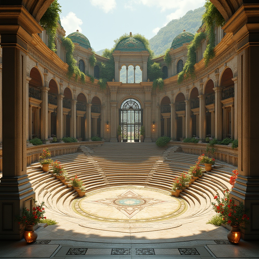 Prompt: Grand amphitheater architecture, sweeping curved lines, majestic stone columns, ornate metal gates, lush green rooftops, vibrant flower arrangements, tiered seating areas, polished marble floors, dramatic spotlights, warm golden lighting, shallow depth of field, 3/4 composition, panoramic view, realistic textures, ambient occlusion, intricate mosaics, elegant archways, rustic stone walls, grand entranceways.