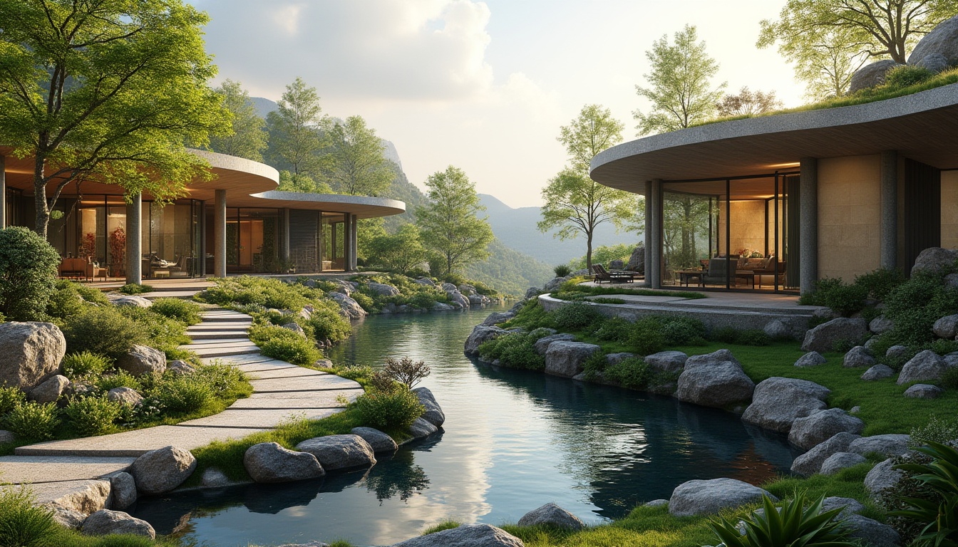 Prompt: Seamless landscape integration, organic architecture, curved lines, natural stone walls, green roofs, living walls, native plant species, serene water features, reflecting pools, walking trails, meandering paths, scenic overlooks, panoramic views, warm natural light, soft shadows, 3/4 composition, atmospheric perspective, realistic textures, ambient occlusion.