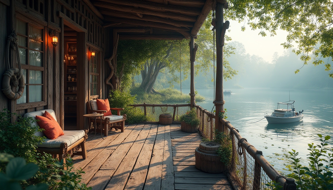 Prompt: Rustic boathouse, weathered wooden planks, nautical ropes, fishing nets, serene lake scenery, calm waters, lush greenery, vibrant water lilies, misty morning atmosphere, warm soft lighting, shallow depth of field, 3/4 composition, panoramic view, realistic textures, ambient occlusion, earthy tone color palette, blues and whites, natural wood accents, vintage metal decor, cozy interior spaces, plush furnishings, nautical-themed accessories.