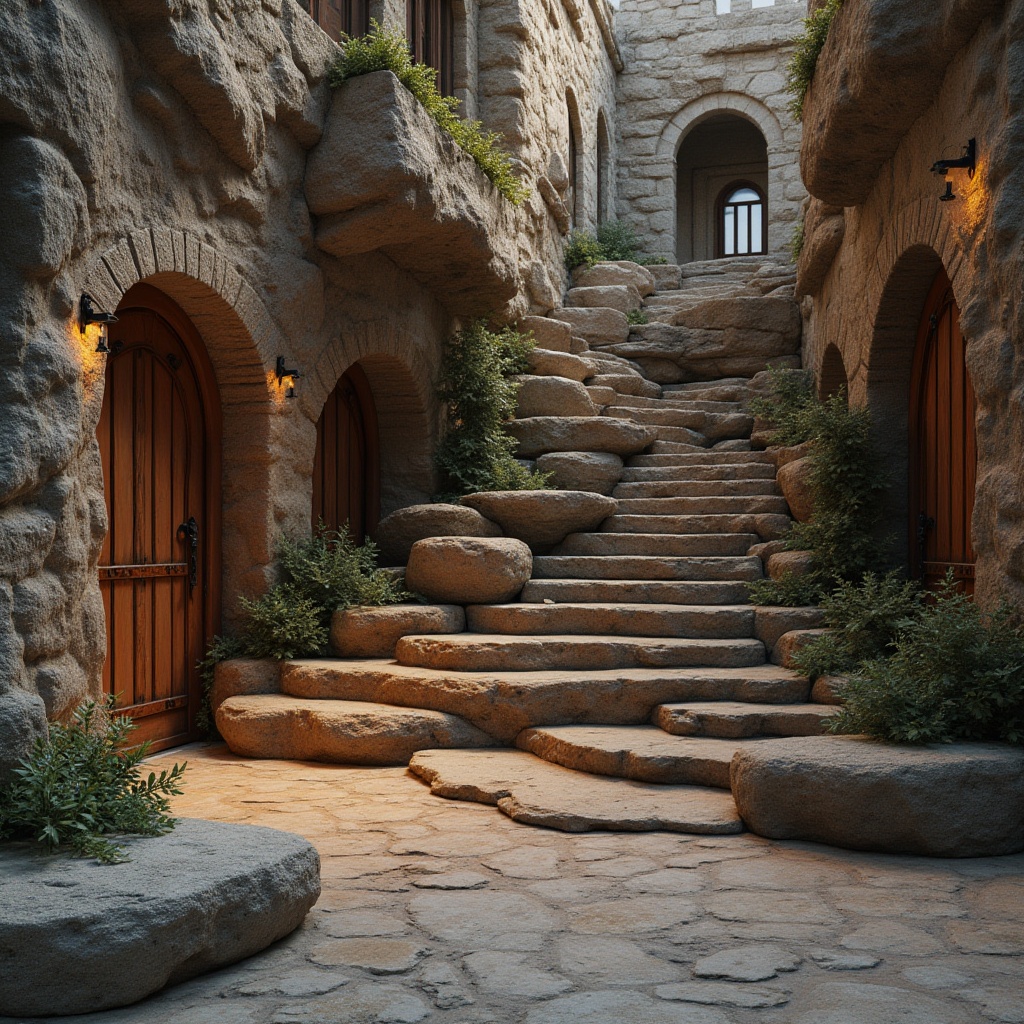 Prompt: Rough-hewn stone walls, weathered wooden planks, rusty metal accents, intricate brick patterns, ornate tile mosaics, smooth concrete finishes, natural rock formations, earthy tones, organic shapes, curved lines, undulating surfaces, dramatic shadows, warm ambient lighting, high-contrast textures, realistic materiality, 3D modeled geometries, atmospheric perspective, cinematic composition.