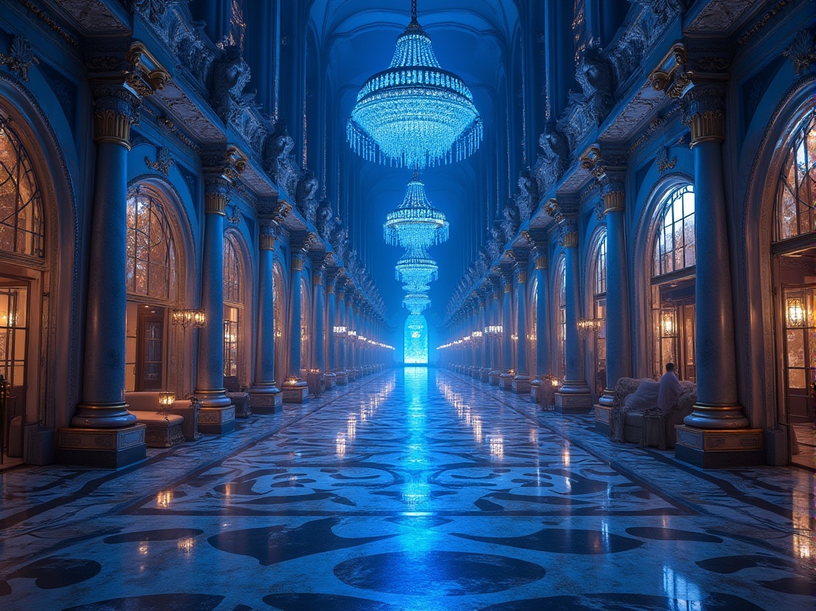 Prompt: Luxurious blue sapphire hues, majestic buildings, ornate facades, grandiose columns, regal arches, lavish decorations, opulent chandeliers, intricate stonework, sophisticated urban landscape, bustling city streets, vibrant nightlife, dynamic lighting effects, shallow depth of field, 1/1 composition, symmetrical framing, realistic reflections, ambient occlusion.