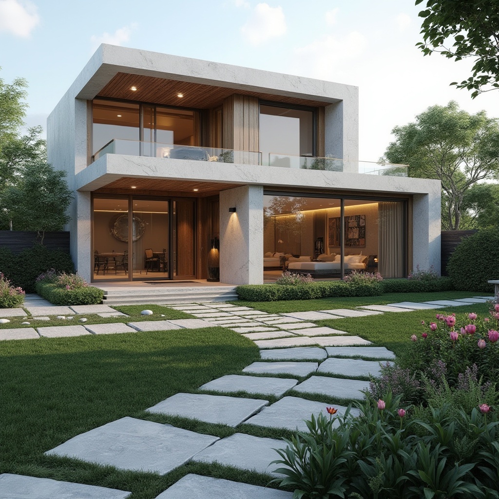 Prompt: Luxurious modern villa, granite exterior cladding, durable weather-resistant facade, sleek angular lines, minimalist design, vast open courtyard, lush greenery, vibrant flowers, natural stone pathways, grand entrance, large glass doors, warm ambient lighting, soft shadows, shallow depth of field, 3/4 composition, realistic textures, ambient occlusion.