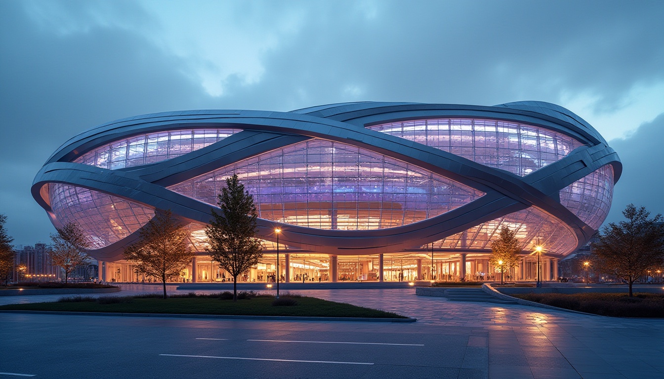 Prompt: Sleek stadium exterior, curved lines, metallic materials, dynamic LED lighting, abstract patterns, futuristic aesthetics, urban landscape, evening atmosphere, warm ambient glow, shallow depth of field, 1/1 composition, low-angle shot, realistic reflections, detailed textures, modern architecture, grand entrance, transparent glass fa\u00e7ade, minimalist design, sustainable energy solutions, solar panels, innovative cooling technologies, shaded outdoor spaces.