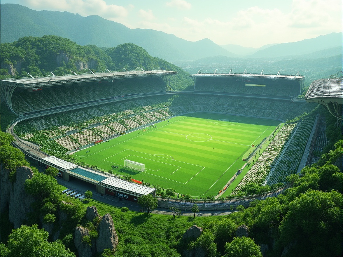 Prompt: Vibrant green stadium, undulating terrain, rolling hills, natural rock formations, lush vegetation, winding walkways, scenic overlooks, grandstand seating, sleek metal structures, modern architecture, cantilevered roofs, transparent glass fa\u00e7ades, dynamic LED lighting, panoramic views, shallow depth of field, 1/1 composition, realistic textures, ambient occlusion, integrated water features, sustainable irrigation systems, eco-friendly materials, innovative climate control technologies, shaded concourses, misting systems, vibrant colorful branding, intricate geometric patterns.