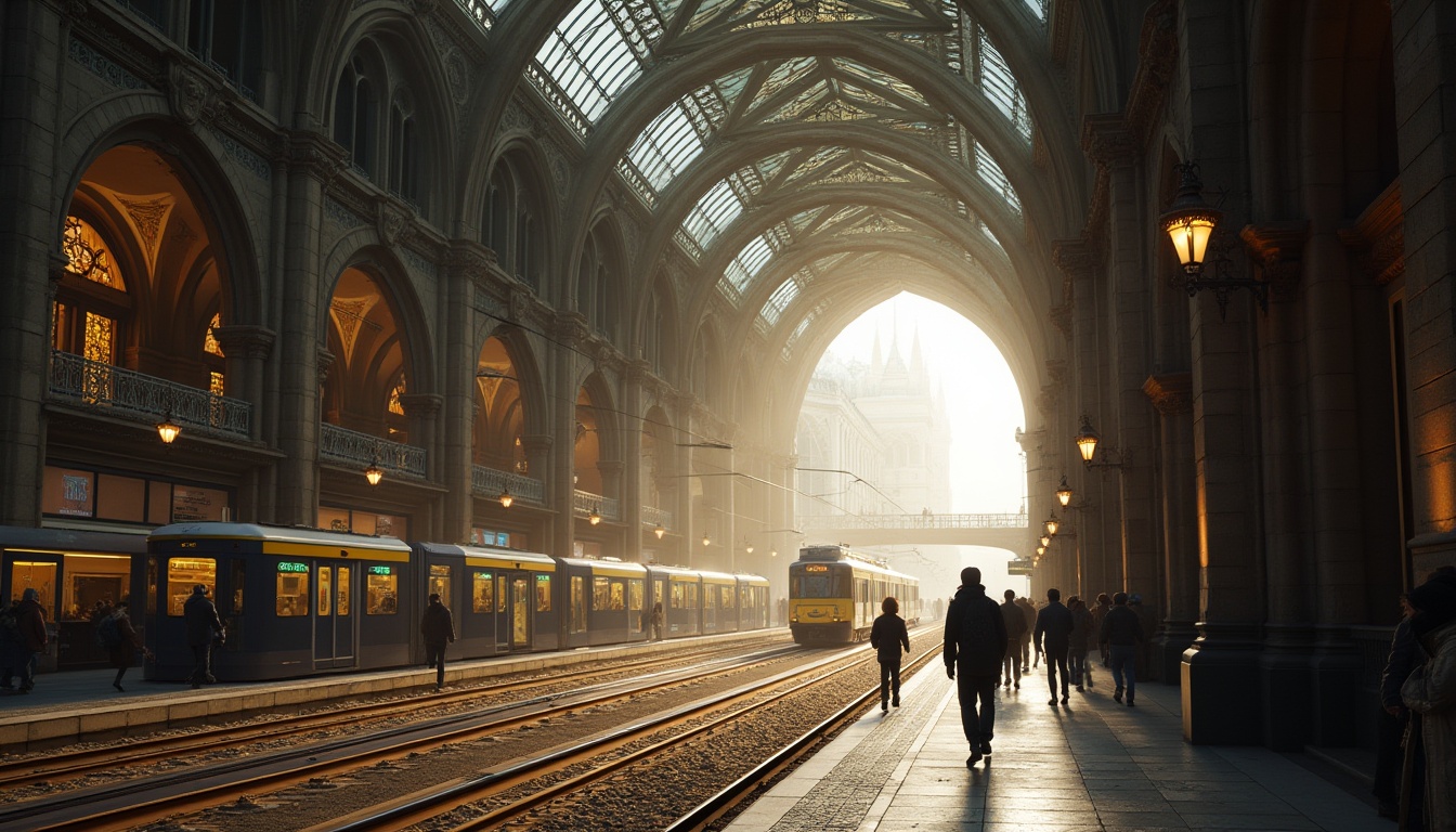 Prompt: Intricate tram station, Gothic Revival architecture, pointed arches, ribbed vaults, flying buttresses, stained glass windows, ornate metalwork, grand entrance halls, high ceilings, dramatic lighting, foggy atmosphere, misty mornings, urban landscape, bustling city streets, modern transportation hubs, sleek trains, busy pedestrian traffic, warm golden lighting, shallow depth of field, 1/2 composition, cinematic view, highly detailed textures, ambient occlusion.