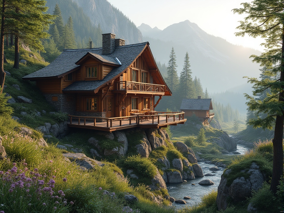 Prompt: Harmonious mountain lodge, rustic wooden fa\u00e7ade, curved lines, earthy tones, lush greenery, wildflowers, meandering streams, natural stone walls, cantilevered decks, panoramic views, soft warm lighting, misty atmosphere, 1/2 composition, shallow depth of field, realistic textures, ambient occlusion.