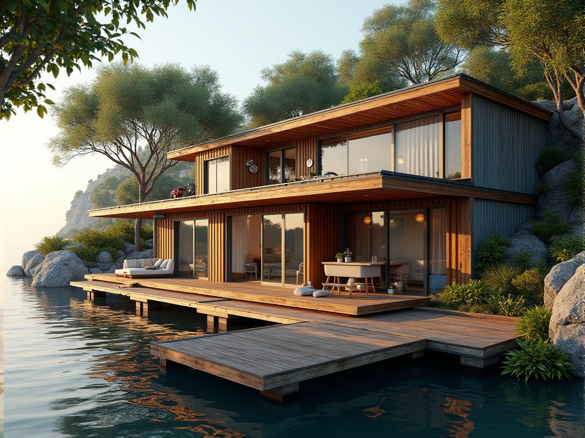 Prompt: Waterfront location, wooden dock, eclectic boathouse design, mix of modern and vintage elements, reclaimed wood accents, corrugated metal roofs, nautical ropes, porthole windows, sliding glass doors, marine-inspired color palette, soft warm lighting, lush greenery, overhanging trees, natural stone walls, cantilevered decks, 3/4 composition, shallow depth of field, realistic textures, ambient occlusion.