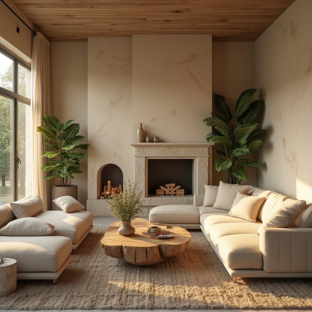 Prompt: Cozy living room, warm beige walls, comfortable plush sofas, rustic wooden coffee tables, soft golden lighting, lush greenery, natural stone fireplaces, elegant cream-colored curtains, minimalistic decor, calm atmosphere, shallow depth of field, 1/1 composition, realistic textures, ambient occlusion.