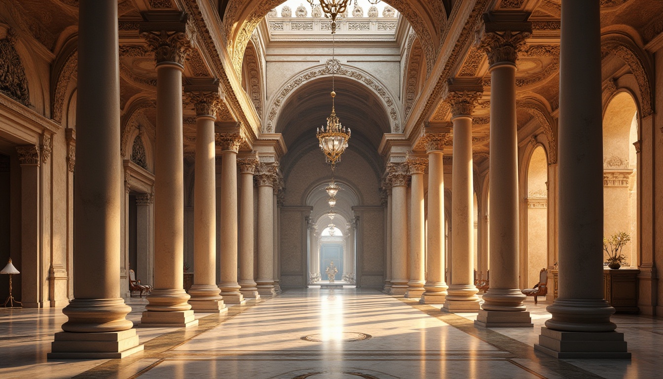 Prompt: Ornate classical columns, intricate carvings, ornamental moldings, grand entranceways, symmetrical facades, rusticated stone walls, arched windows, domed roofs, marble flooring, crystal chandeliers, lavish furnishings, richly textured fabrics, subtle warm lighting, shallow depth of field, 1/1 composition, panoramic view, highly detailed textures, ambient occlusion.