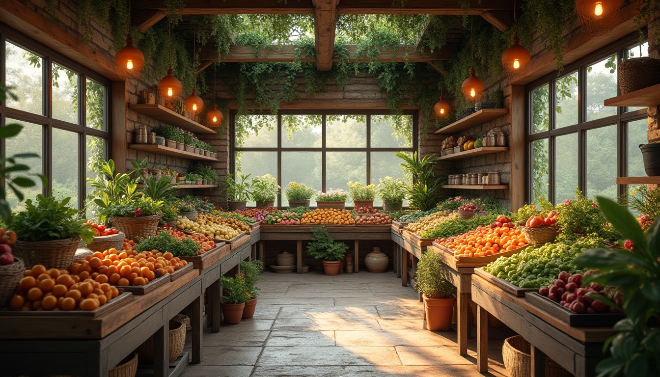 Prompt: Organic produce stands, reclaimed wood accents, earthy tone color scheme, natural stone flooring, living green walls, botanical print displays, rustic metal shelving, warm ambient lighting, cozy nooks, vintage farming tools, woven basket decor, ceramic pottery displays, abundance of fresh flowers, soft instrumental background music, shallow depth of field, 1/1 composition, realistic textures, subtle atmospheric fog.