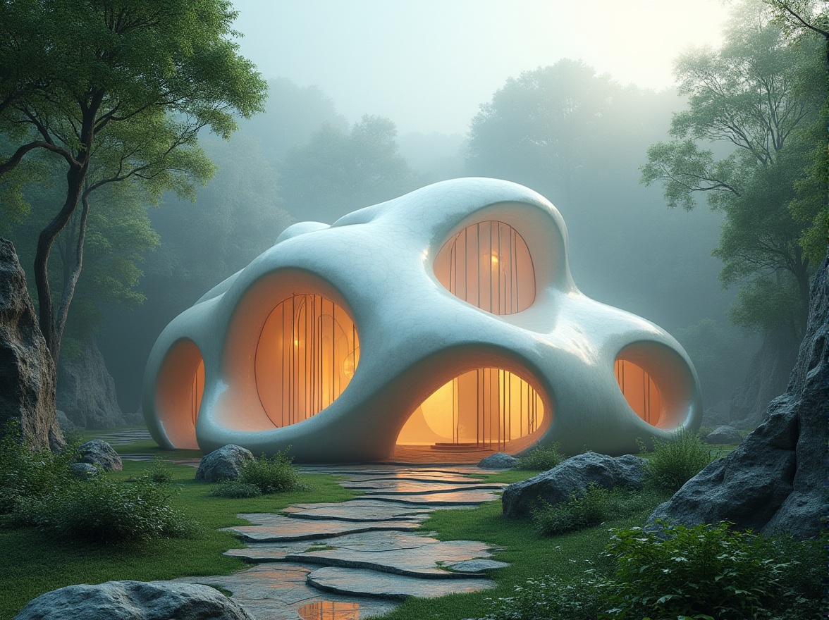 Prompt: Ethereal blob-like church, undulating organic forms, smooth curves, translucent stained glass windows, iridescent colors, soft warm lighting, misty atmosphere, lush greenery surroundings, winding stone pathways, natural rock formations, futuristic architecture, avant-garde design, amoeba-inspired shapes, fluid lines, biomimetic structures, sustainable materials, eco-friendly construction, serene ambiance, peaceful atmosphere, shallow depth of field, 1/1 composition, realistic textures, ambient occlusion.