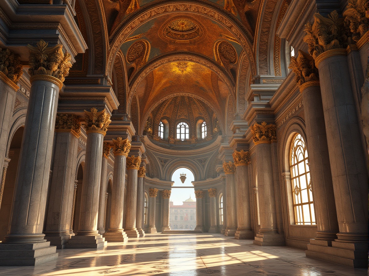 Prompt: Intricate stone carvings, ornate marble columns, grand archways, majestic domes, golden mosaics, vibrant frescoes, ornamental capitals, Byzantine-inspired patterns, rich textures, warm ambient lighting, shallow depth of field, 1/1 composition, realistic renderings, ambient occlusion.