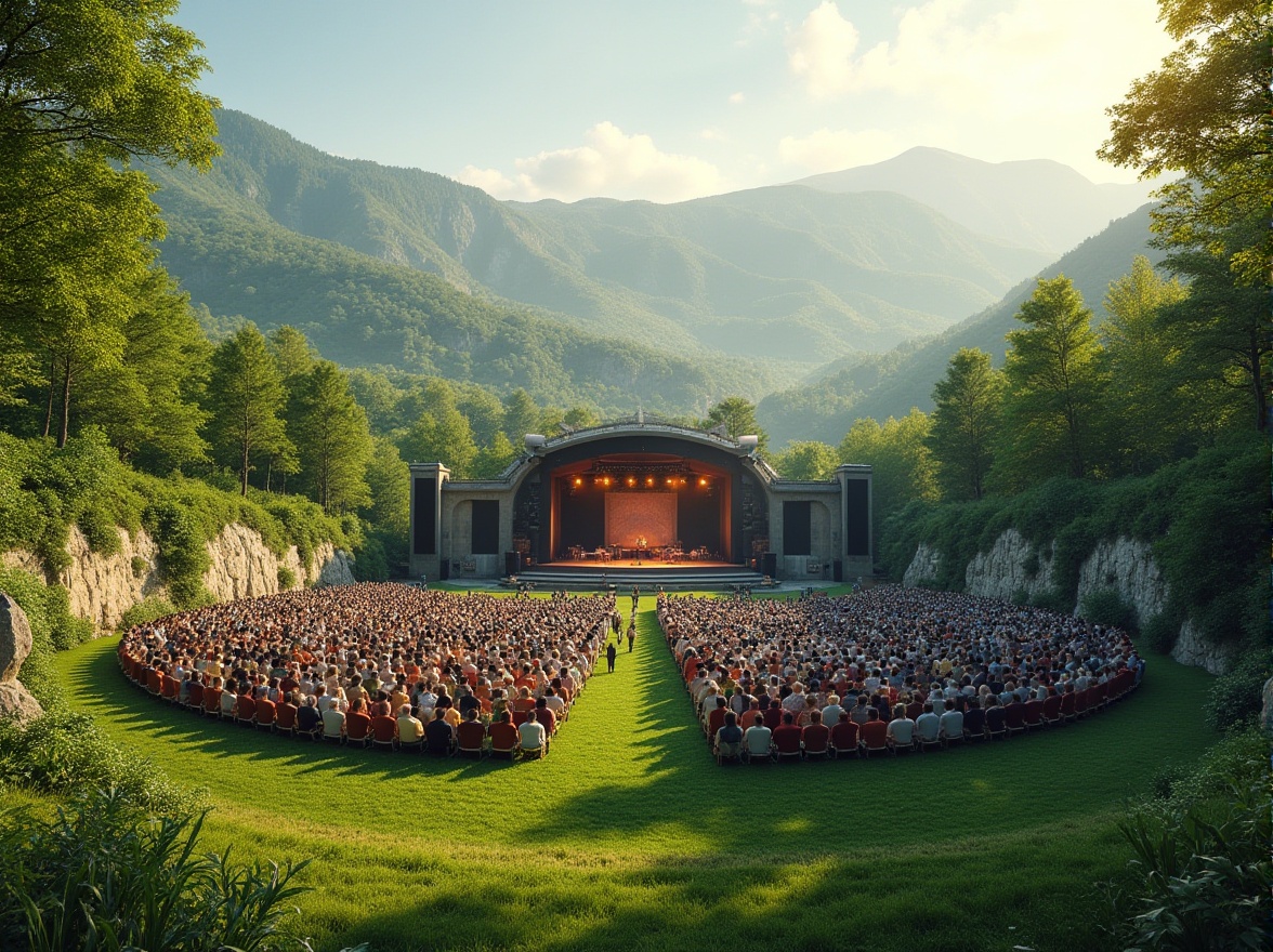 Prompt: Natural amphitheater setting, lush greenery, rolling hills, audience seating areas, performance stages, sound reflective surfaces, acoustic panels, suspended loudspeakers, grassy lawns, serene atmosphere, warm sunny day, soft gentle breeze, subtle echo effects, 3D audio rendering, immersive soundscapes, panoramic views, realistic textures, ambient occlusion.