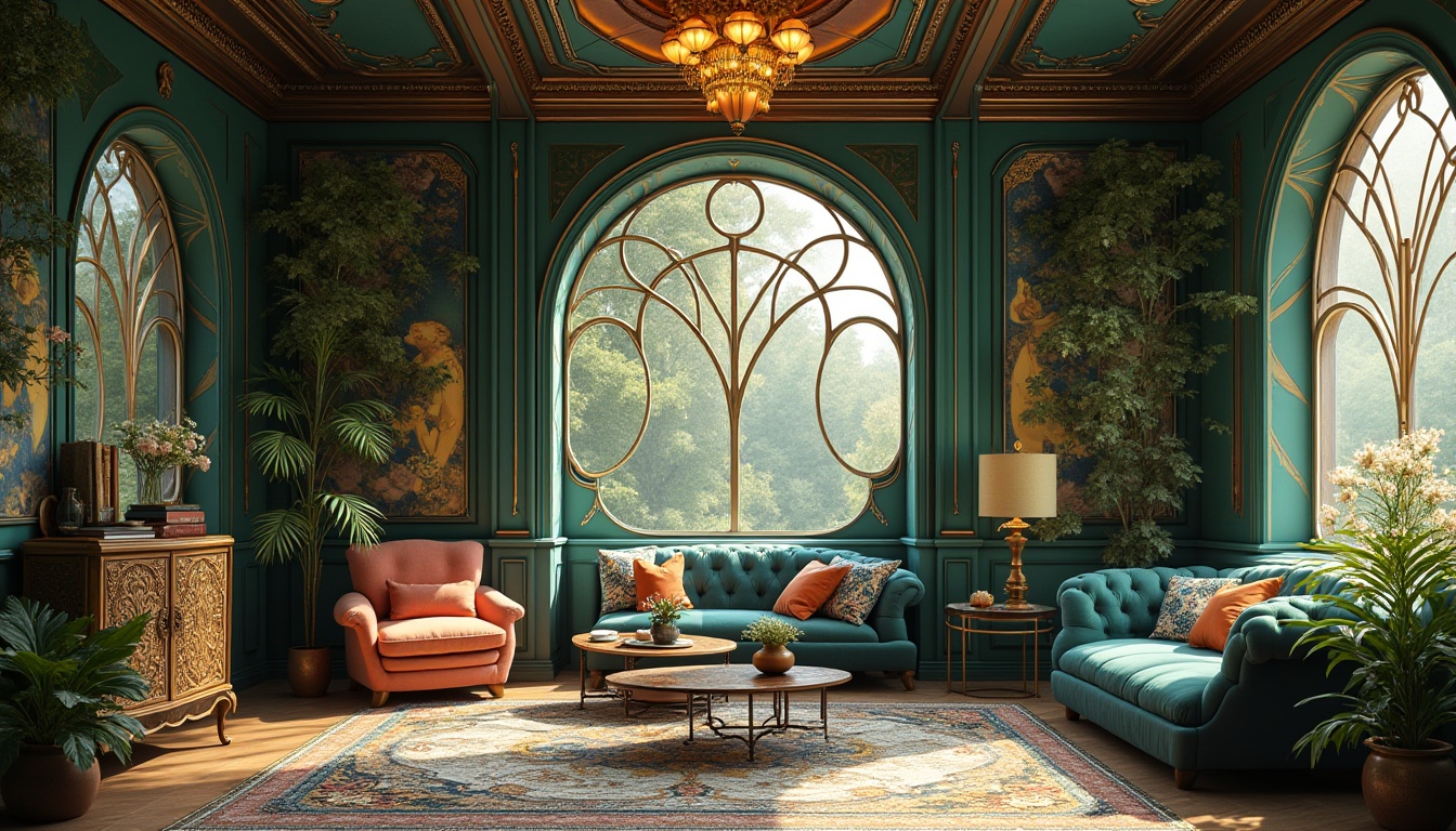 Prompt: Luxuriant Art Nouveau interior, sinuous lines, organic forms, flowing curves, ornate patterns, rich jewel tones, emerald green, sapphire blue, amethyst purple, golden yellow, copper accents, intricate moldings, velvety soft furnishings, natural materials, blooming florals, whimsical illustrations, dreamy ambiance, warm soft lighting, shallow depth of field, 1/2 composition, romantic nostalgic feel.