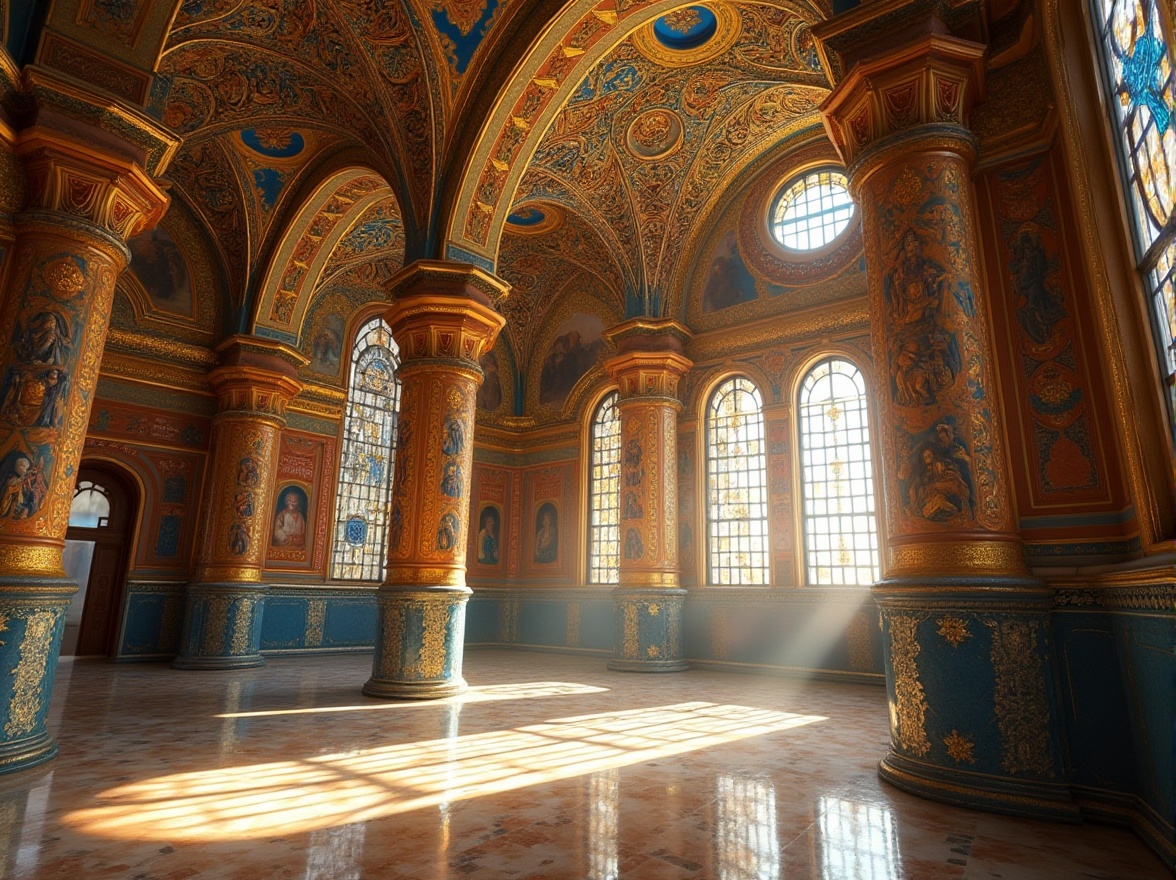 Prompt: Intricate mosaics, golden tesserae, vibrant glass tiles, ornate patterns, Byzantine-inspired designs, rich jewel tones, luxurious textures, detailed iconography, ornamental borders, sacred symbolism, elaborate arches, grand domed ceilings, marble floors, intricate frescoes, warm soft lighting, shallow depth of field, 1/1 composition, realistic reflections.