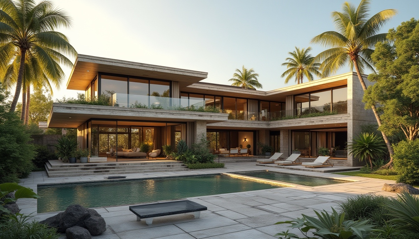 Prompt: Luxurious modern mansion, granite exterior cladding, robust durability, natural stone texture, earthy tone, elegant facade, sprawling villa, private courtyard, lush greenery, tropical plants, warm sunny day, soft golden lighting, shallow depth of field, 1/1 composition, realistic textures, ambient occlusion.