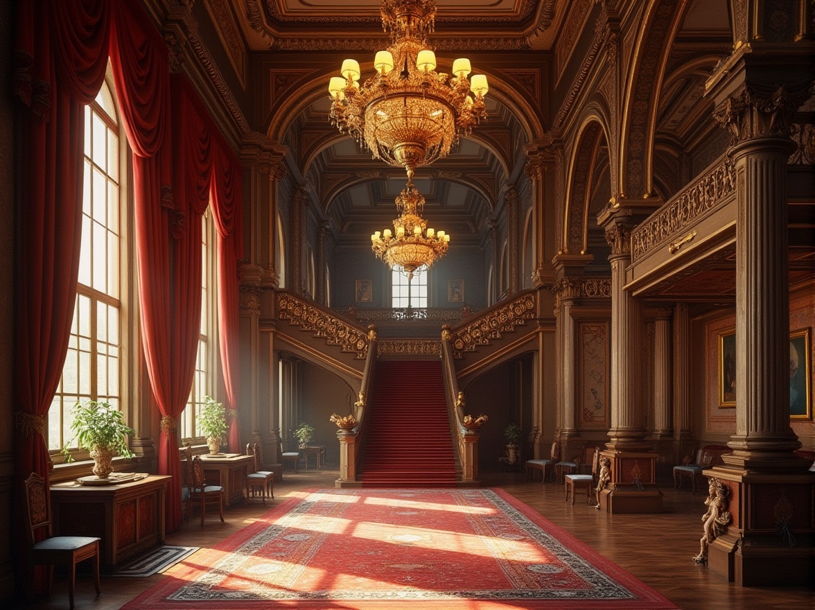 Prompt: Ornate academic institution, grandiose chandeliers, lavish furnishings, intricate wooden paneling, opulent fabrics, rich velvet drapes, ornamental tapestries, gilded accents, luxurious carpets, majestic stone columns, sweeping staircases, dramatic archways, warm golden lighting, soft focus, shallow depth of field, 1/2 composition, atmospheric perspective, realistic textures, subtle ambient occlusion.