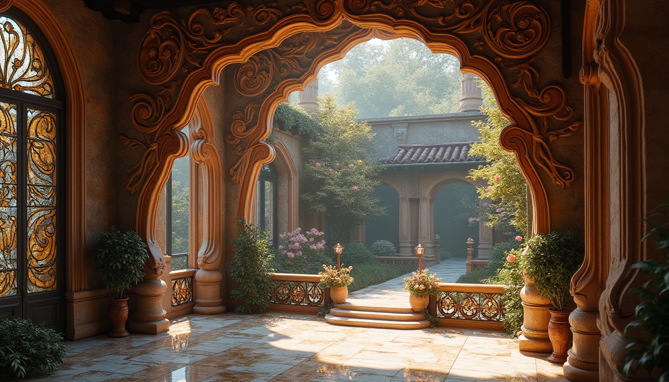 Prompt: Intricate wooden carvings, ornate metalwork, flowing organic forms, sinuous lines, curvaceous shapes, luxurious velvet fabrics, rich jewel tones, opulent gemstones, natural stone walls, polished marble floors, wrought iron railings, stained glass windows, blooming flowers, lush greenery, misty atmospheric lighting, soft warm colors, 3/4 composition, panoramic view, realistic textures, ambient occlusion.