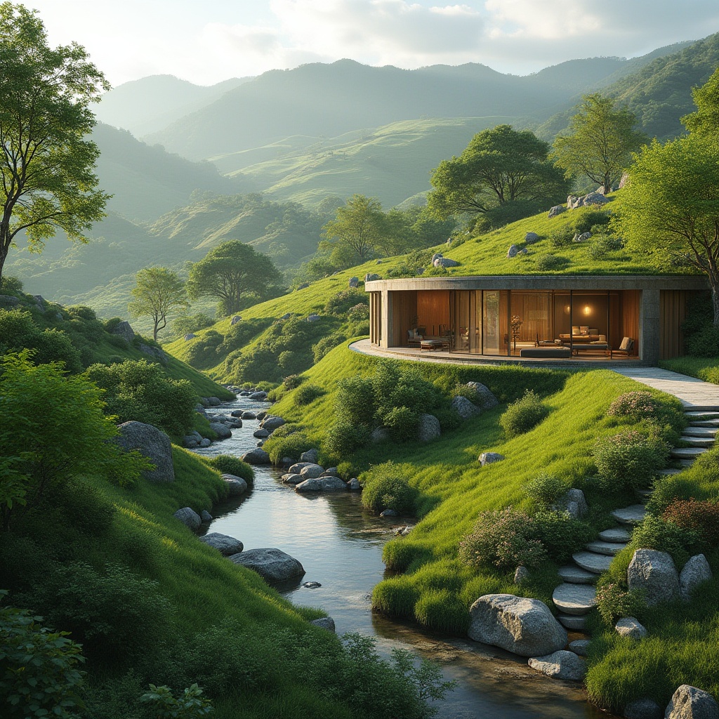 Prompt: Harmonious landscape integration, rolling hills, lush greenery, serene water features, modern architectural design, sustainable building materials, eco-friendly roofs, natural stone walls, large windows, minimalist interior, abundant daylight, warm ambient lighting, shallow depth of field, 3/4 composition, panoramic view, realistic textures, ambient occlusion.