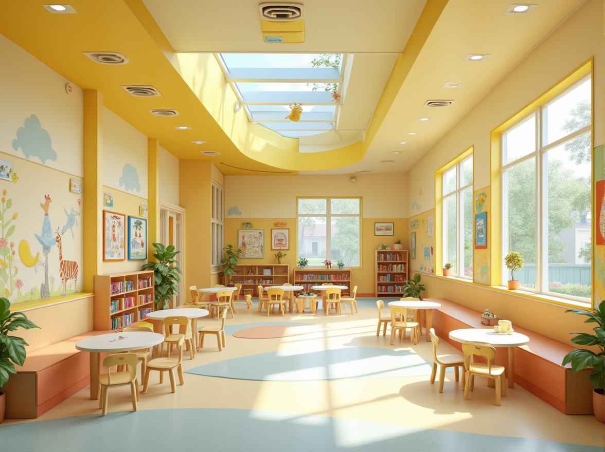 Prompt: Vibrant kindergarten building, playful color scheme, warm yellow walls, soft blue accents, creamy white furniture, natural wood textures, cozy reading nooks, whimsical wall art, educational murals, circular tables, tiny chairs, learning materials, abundant natural light, clerestory windows, gentle shading devices, comfortable carpets, acoustic ceiling tiles, rounded corners, safety flooring, accessible storage units, cheerful decorative elements, lively patterns, stimulating color contrasts, harmonious atmosphere, warm and inviting ambiance.