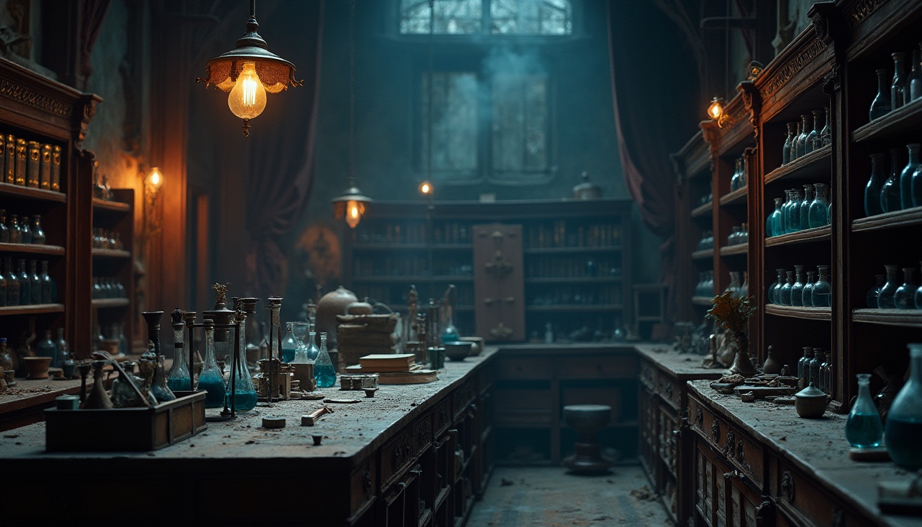 Prompt: Mysterious abandoned laboratory, old wooden shelves, dusty beakers, vintage scientific equipment, Prussian blue pigment, dark academia atmosphere, dim warm lighting, rich velvet drapes, ornate golden frames, mysterious ancient artifacts, worn leather-bound books, eerie silence, subtle misty effects, cinematic shallow focus, 1/1 composition, high contrast ratio, moody color grading.