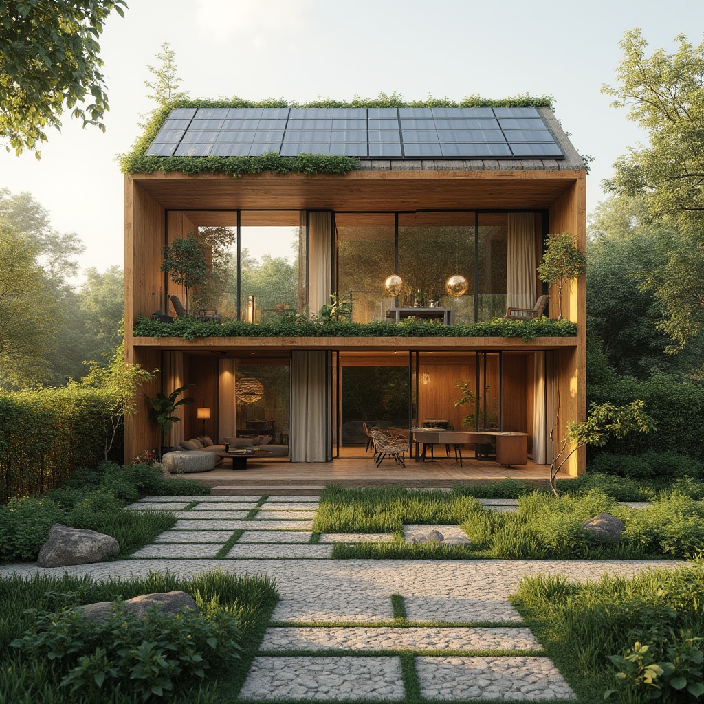 Prompt: Eco-friendly building, reclaimed wood, bamboo flooring, recycled glass walls, solar panels, green roofs, living walls, rainwater harvesting systems, low-carbon concrete, FSC-certified timber, natural stone facades, minimalist design, energy-efficient windows, insulation materials, passive house standards, earthy color palette, organic textures, abundant natural light, soft warm ambiance, shallow depth of field, 1/1 composition, realistic renderings.