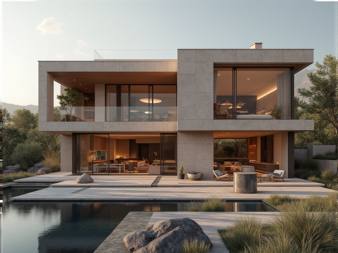 Prompt: Luxurious modern villa, granite exterior walls, durable material selection, sleek minimalist design, subtle natural texture, earthy tone color palette, spacious open-plan living area, high ceilings, large windows, abundant natural light, warm soft lighting, shallow depth of field, 3/4 composition, realistic textures, ambient occlusion.