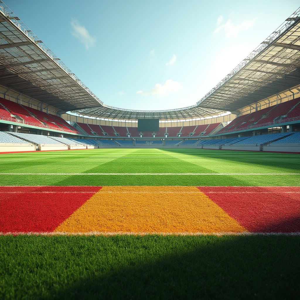 Prompt: Vibrant sports field, lush green grass, bold color blocking, dynamic movement lines, athletic track lanes, modern stadium architecture, sleek metal beams, transparent glass facades, rhythmic patterns, energetic atmosphere, warm sunny day, soft natural lighting, shallow depth of field, 3/4 composition, panoramic view, realistic textures, ambient occlusion.