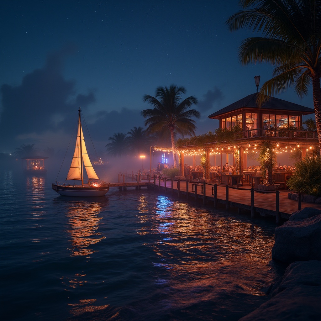 Prompt: Luminous lakefront nightclub, dockside entrance, wooden pier, nautical ropes, sailing-inspired decor, vibrant LED lights, misty fog effects, water reflections, rippling waves, starry night sky, warm summer breeze, outdoor bars, lounge seating, fire pits, twinkling string lights, rustic stone walls, lush greenery, tropical plants, palm trees, soft ambient lighting, shallow depth of field, 1/1 composition, realistic textures, atmospheric sound effects.