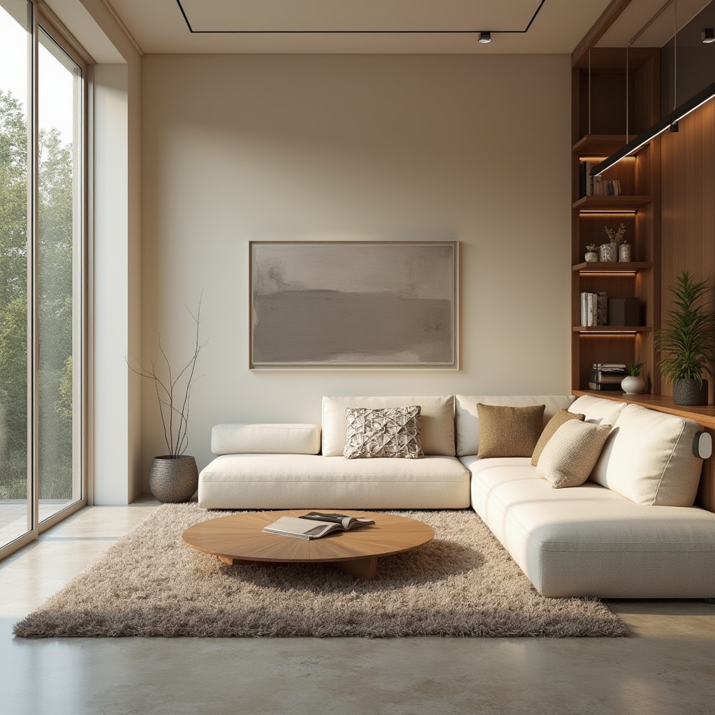 Prompt: Modern minimalist living room, sleek low-profile furniture, soft beige walls, polished concrete floors, floor-to-ceiling windows, natural light pouring in, cozy reading nook, plush area rug, geometric-patterned throw pillows, functional shelving units, concealed storage compartments, ambient warm lighting, 1/1 composition, realistic textures, shallow depth of field.