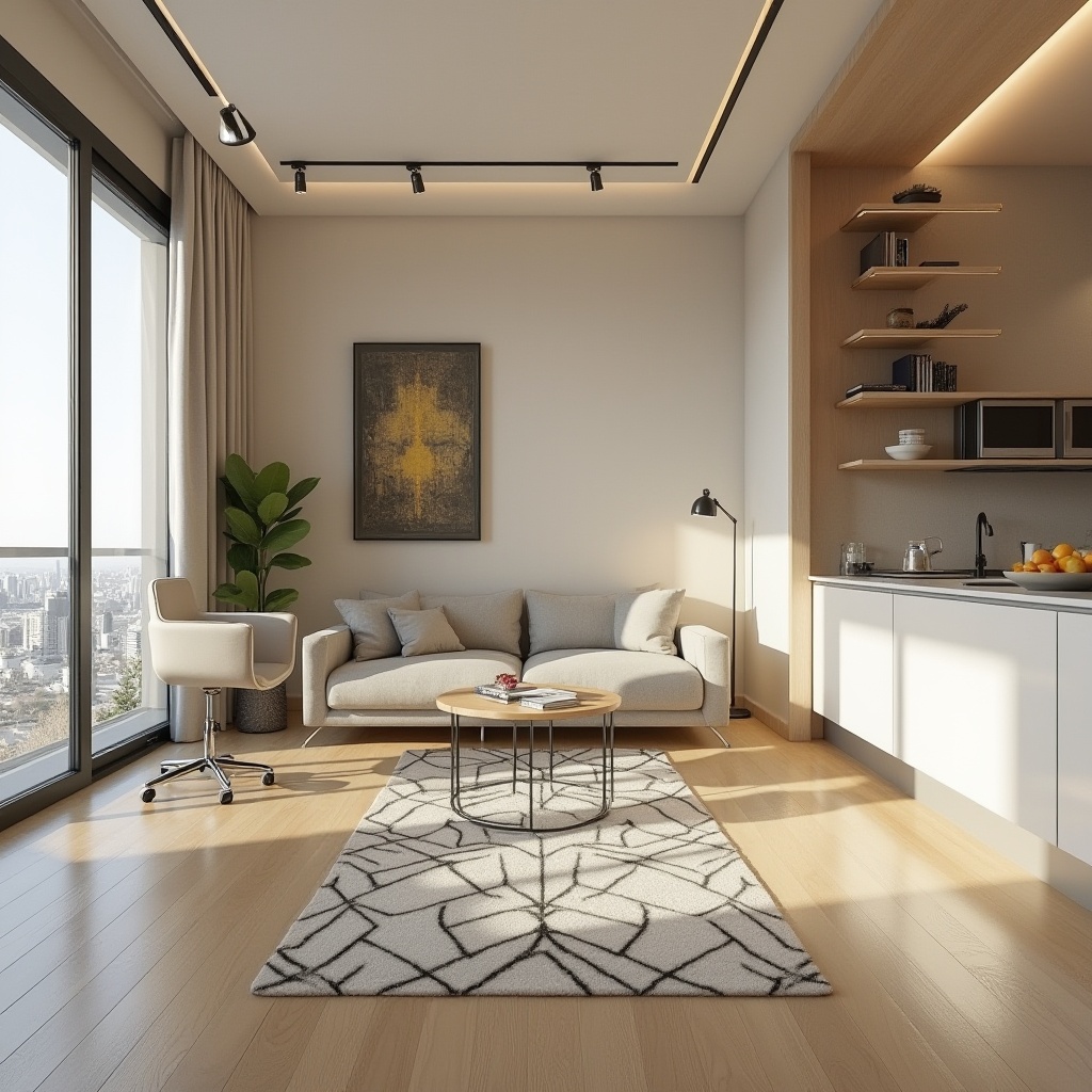 Prompt: Modern minimalist interior, sleek wooden floors, cream-colored walls, floor-to-ceiling windows, natural light, spacious open-plan living area, comfortable sectional sofa, geometric-patterned rug, industrial-chic metal lighting fixtures, functional built-in shelving units, hidden storage compartments, ergonomic office chair, compact kitchenette, high-gloss cabinetry, quartz countertops, ambient softbox lighting, 1/1 composition, shallow depth of field, realistic textures, subtle color palette.