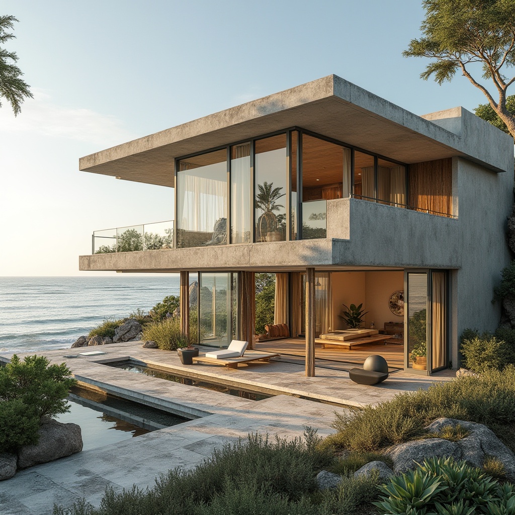 Prompt: Breezy coastal residence, large windows, sliding glass doors, ocean views, natural ventilation systems, cross-ventilation designs, windcatchers, clerestory windows, solar chimneys, shading devices, overhanging roofs, cantilevered structures, coral-inspired facades, textured stucco finishes, driftwood accents, weathered metal cladding, salty air, sea spray, misty mornings, warm sunlight, soft breezes, 1/1 composition, realistic textures, ambient occlusion.