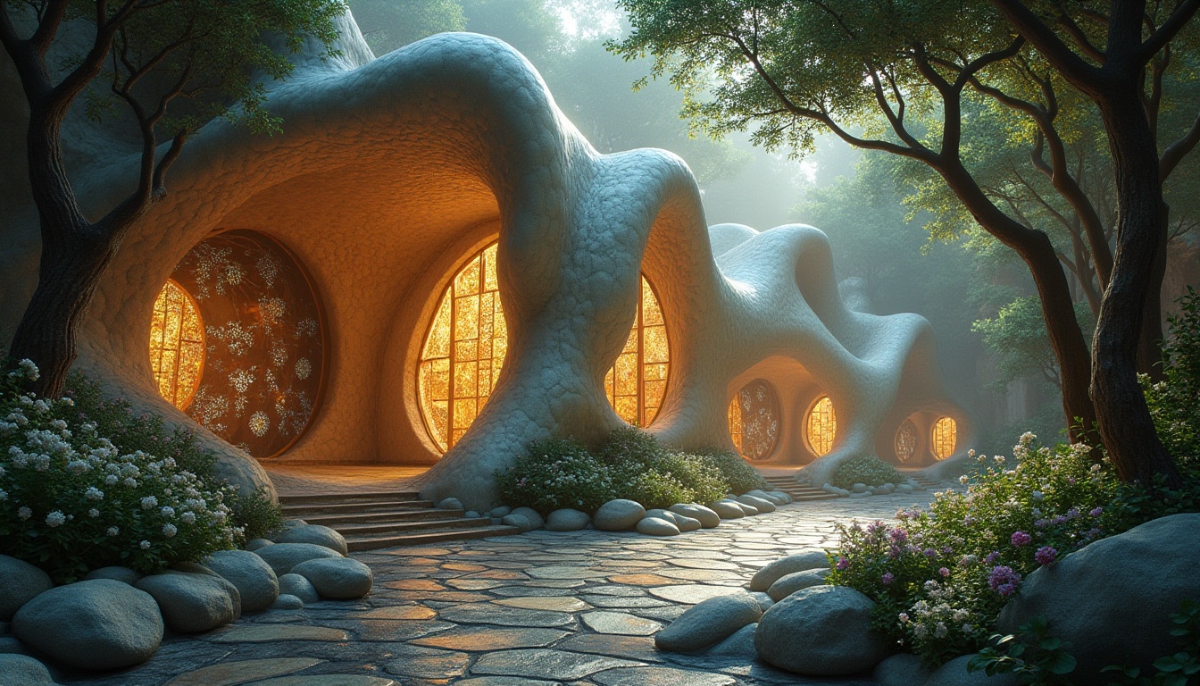 Prompt: Undulating blob-like church, organic shapes, flowing curves, iridescent stained glass windows, shimmering mosaics, ethereal lighting, mystical ambiance, natural stone walls, twisted tree-like columns, winding paths, lush greenery, blooming flowers, serene atmosphere, soft warm glow, shallow depth of field, 1/1 composition, intimate close-ups, realistic textures, ambient occlusion.