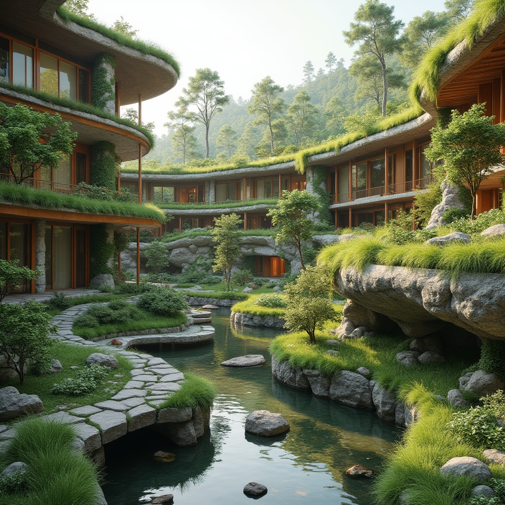 Prompt: Harmonious landscape integration, lush green roofs, verdant walls, natural stone facades, curved lines, organic architecture, blending boundaries, seamless transitions, rustic wood accents, earthy tones, serene water features, reflecting pools, walking trails, native plant species, meandering paths, soft warm lighting, shallow depth of field, 3/4 composition, panoramic view, realistic textures, ambient occlusion.