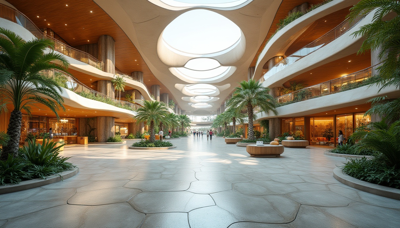 Prompt: Curvaceous airport terminal, flowing organic shapes, undulating roofs, natural light-filled atriums, wavy wood accents, smooth stone floors, lush green walls, tropical plant species, vibrant colorful textiles, intricate geometric patterns, futuristic glass facades, seamless connections, minimalist interior design, ambient lighting, shallow depth of field, 1/1 composition, wide-angle lens, realistic reflections, detailed normal maps.