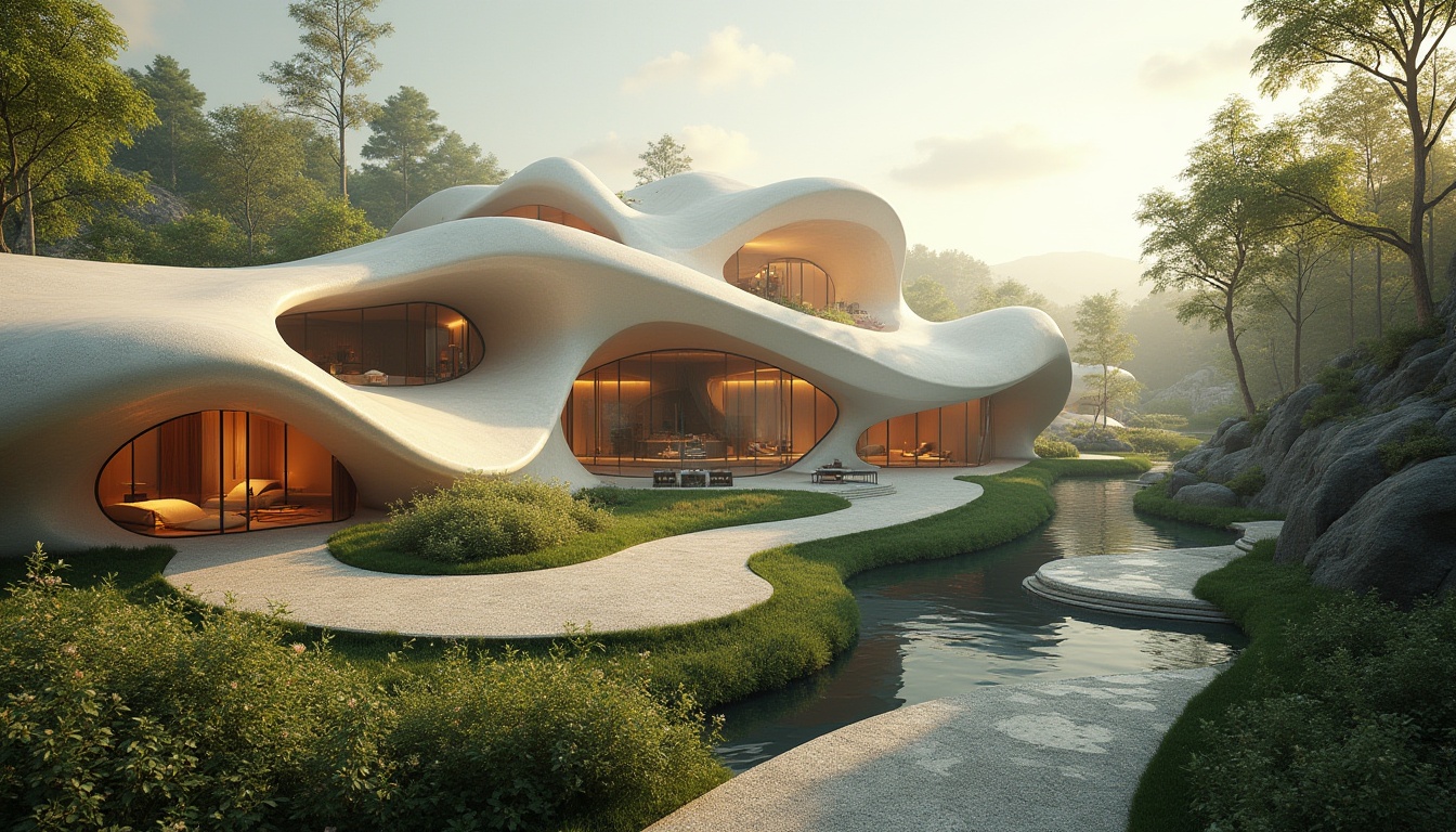 Prompt: Organic buildings, flowing curves, smooth lines, futuristic designs, dynamic shapes, undulating roofs, wavy fa\u00e7ades, free-form structures, harmonious proportions, natural materials, earthy tones, verdant surroundings, lush vegetation, meandering paths, serene ambiance, warm lighting, soft shadows, atmospheric rendering, cinematic composition, 3D modeling, realistic textures, subtle animations.