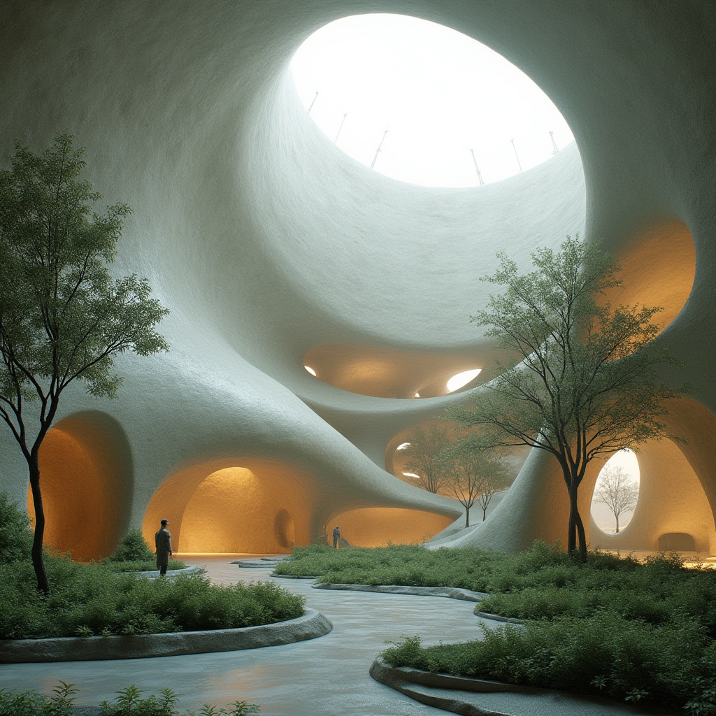 Prompt: Organic blob-shaped church, sustainable materials, recyclable steel structures, green roofs, solar panels, wind turbines, rainwater harvesting systems, natural ventilation, clerestory windows, diffused soft lighting, earthy color palette, living walls, biophilic design, curvaceous lines, futuristic architecture, minimalist interior, sacred ambiance, serene atmosphere, misty morning, subtle warm glow, shallow depth of field, 1/1 composition, realistic textures, ambient occlusion.