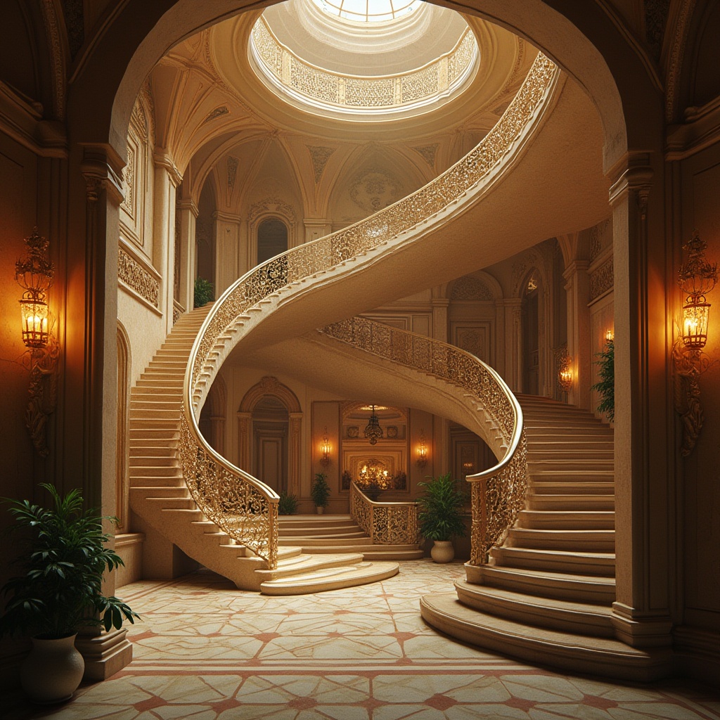 Prompt: Undulating waves, flowing curves, ornate details, grand entranceways, sweeping staircases, winding balconies, intricate latticework, ornamental metalwork, luxurious materials, opulent textures, warm golden lighting, shallow depth of field, 1/2 composition, dramatic shadows, atmospheric perspective, realistic reflections, ambient occlusion.